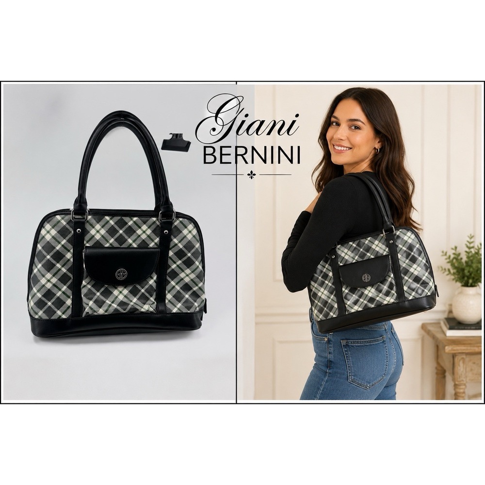 Giani Bernini Plaid Dome Satchel Black Trim Structured Bowler Handbag Plaid Cute